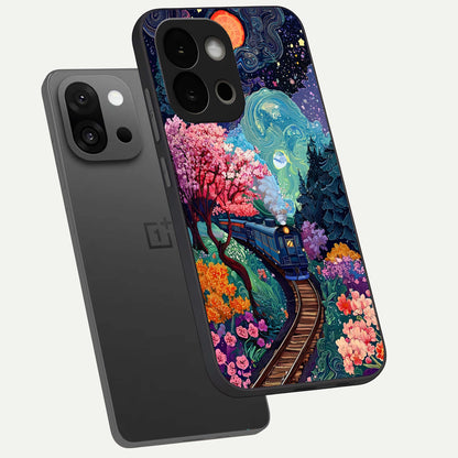  Celestial Train Journey phone case For OnePlus 13S showing premium glass back cover with detailed artwork