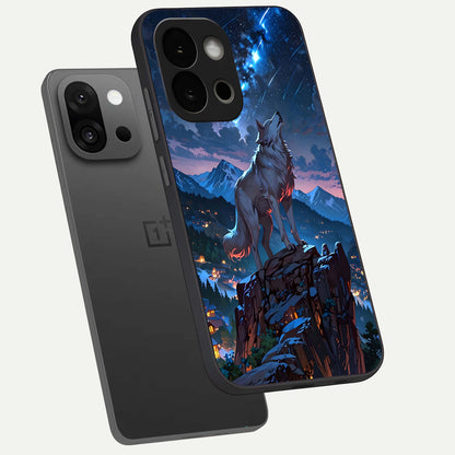  Celestial Wolf Howl phone case For OnePlus 13S showing premium glass back cover with detailed artwork
