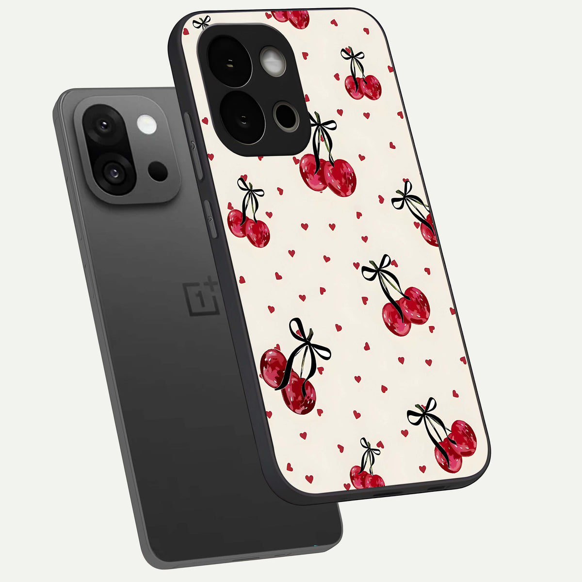  Cherry Heart Bow phone case For OnePlus 13S showing premium glass back cover with detailed artwork