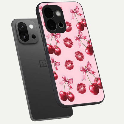  Cherry With Lips phone case For OnePlus 13S showing premium glass back cover with detailed artwork