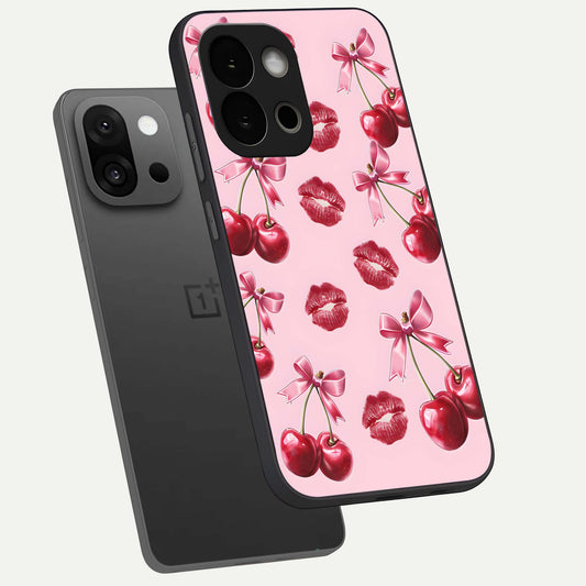  Cherry With Lips phone case For OnePlus 13S showing premium glass back cover with detailed artwork