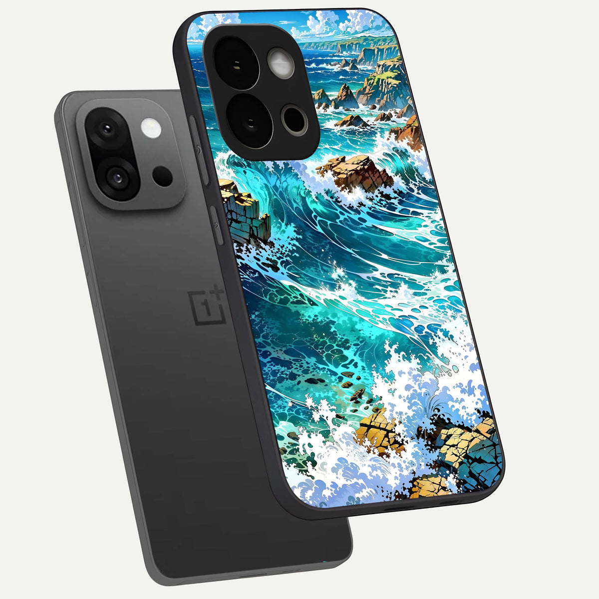  Coastal Blue Waves phone case For OnePlus 13S showing premium glass back cover with detailed artwork