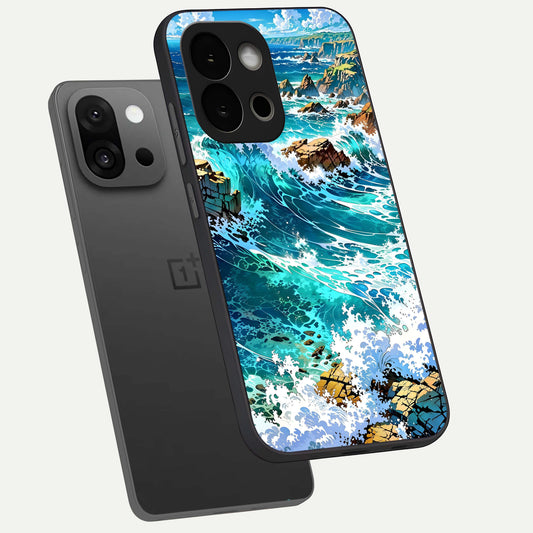  Coastal Blue Waves phone case For OnePlus 13S showing premium glass back cover with detailed artwork