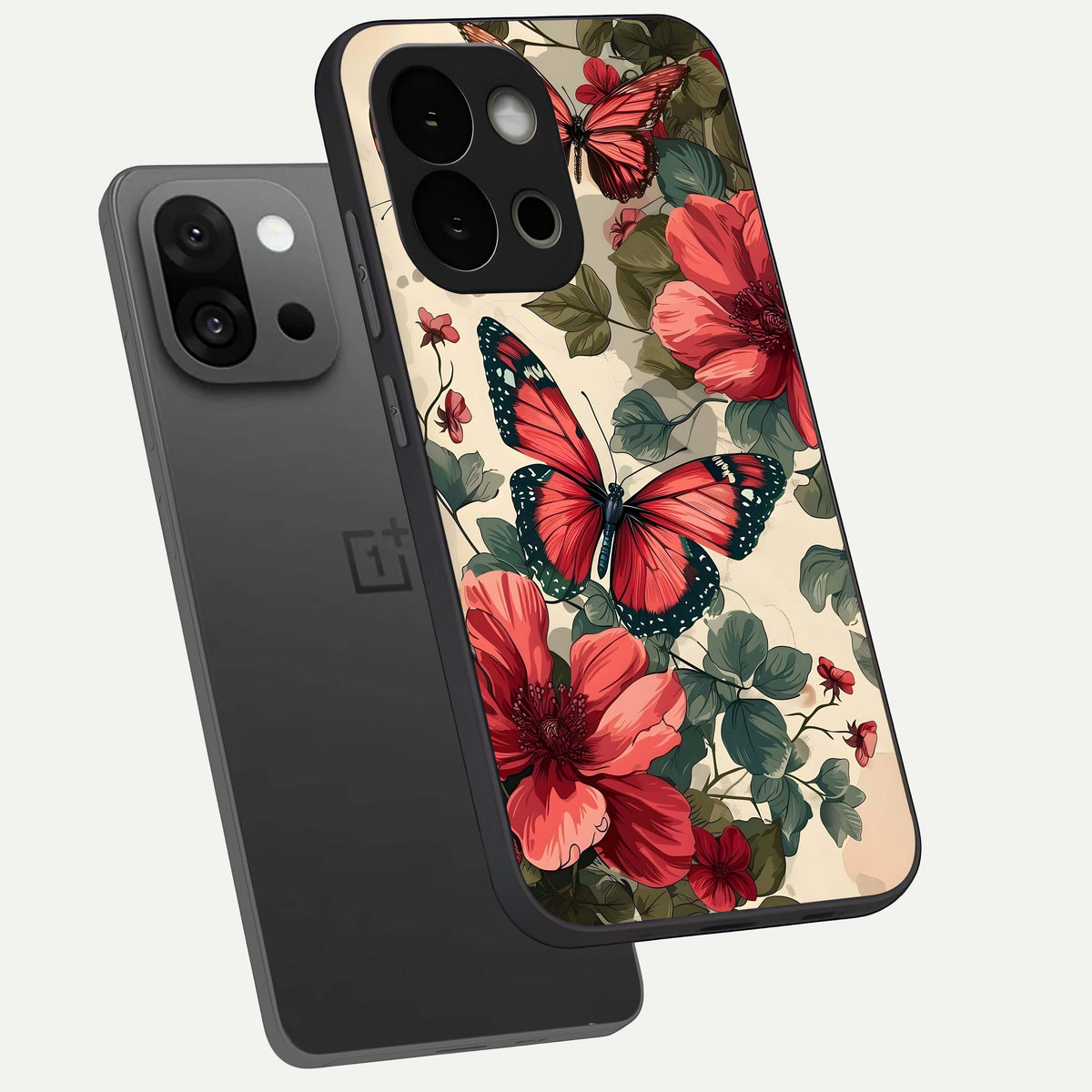  Crimson Butterfly Garden phone case For OnePlus 13S showing premium glass back cover with detailed artwork