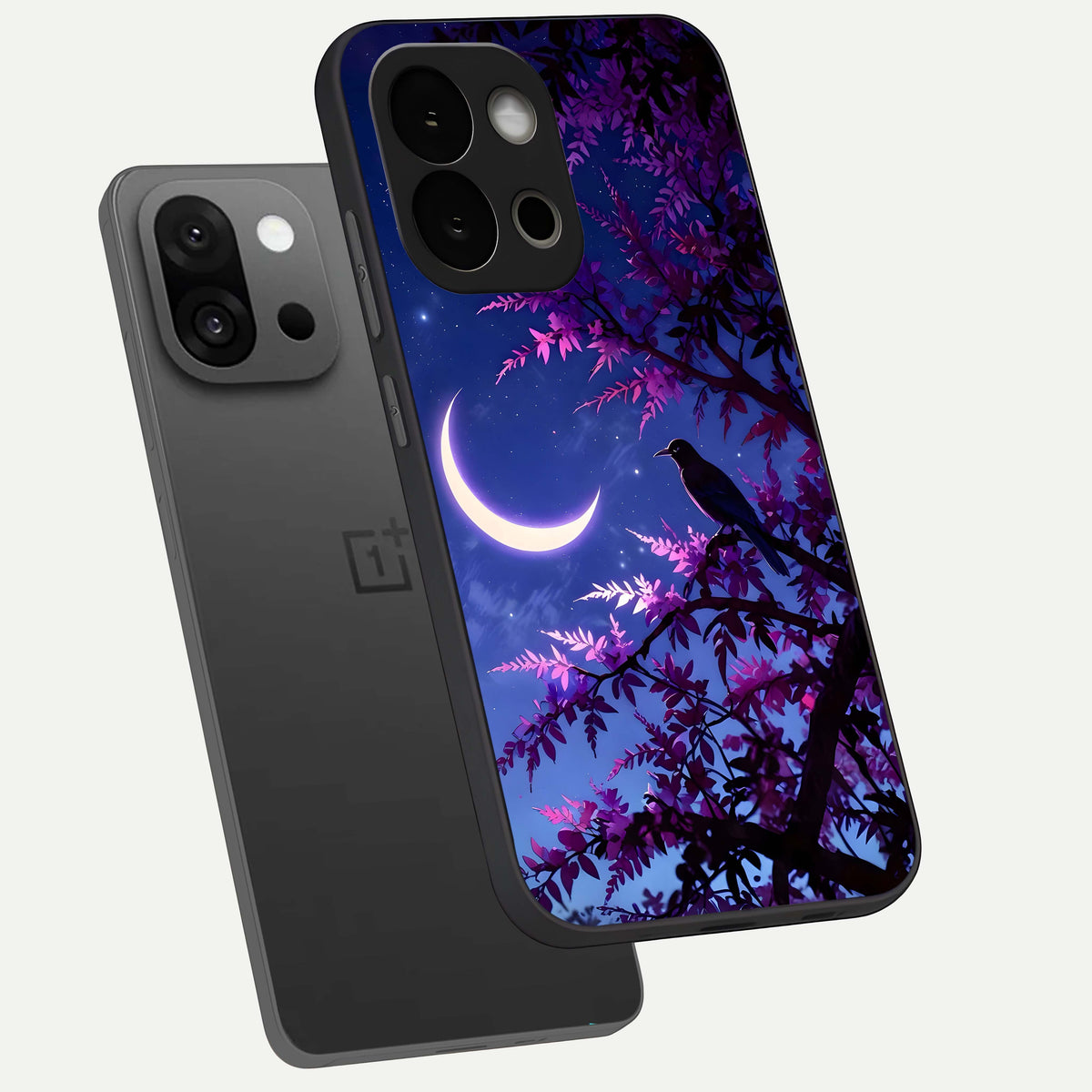  Crow And Moon Scenery phone case For OnePlus 13S showing premium glass back cover with detailed artwork