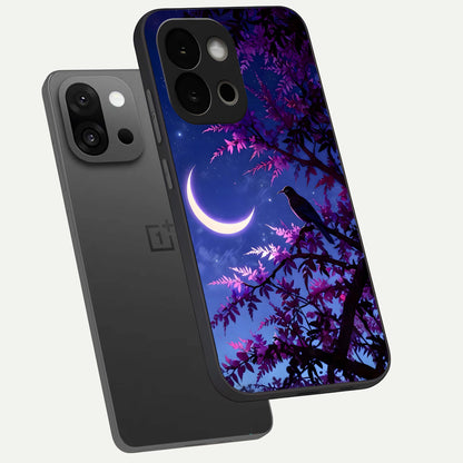  Crow And Moon Scenery phone case For OnePlus 13S showing premium glass back cover with detailed artwork