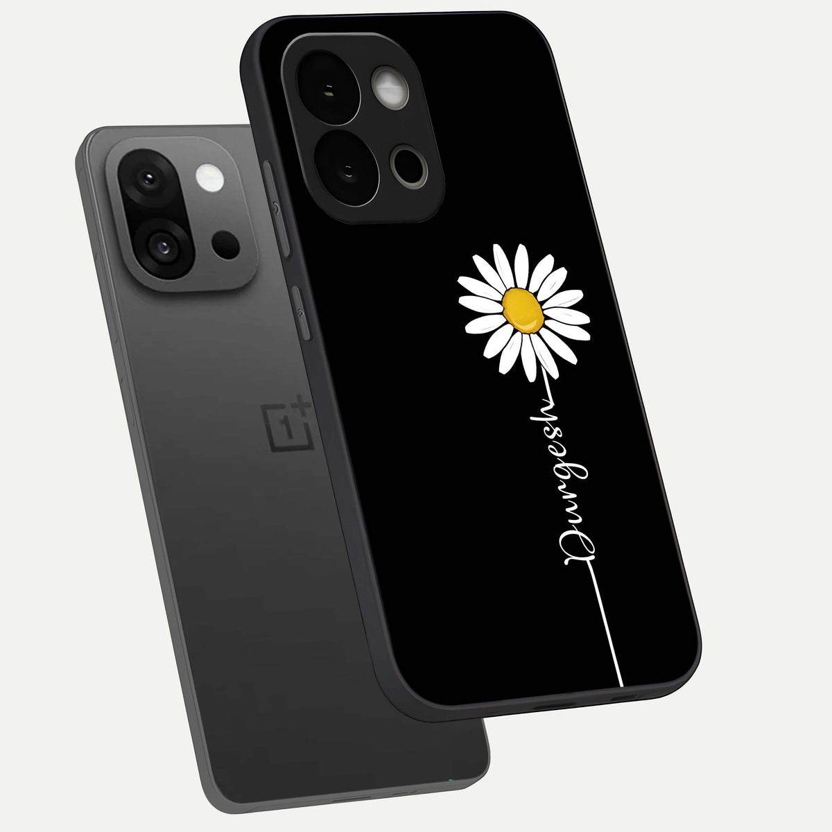  Custom Name White Flower phone case For OnePlus 13S showing premium glass back cover with detailed artwork