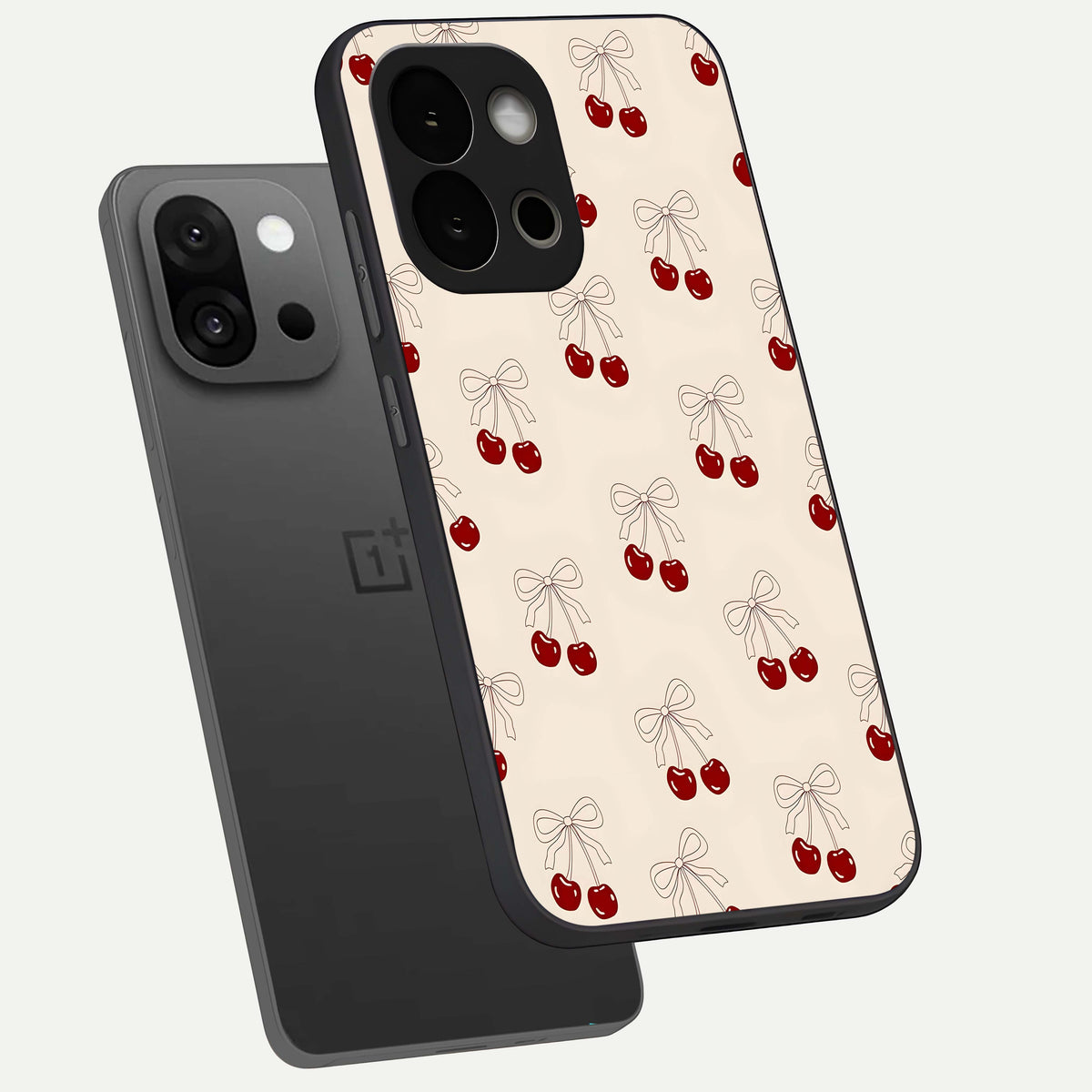  Cute Cherry Pattern phone case For OnePlus 13S showing premium glass back cover with detailed artwork