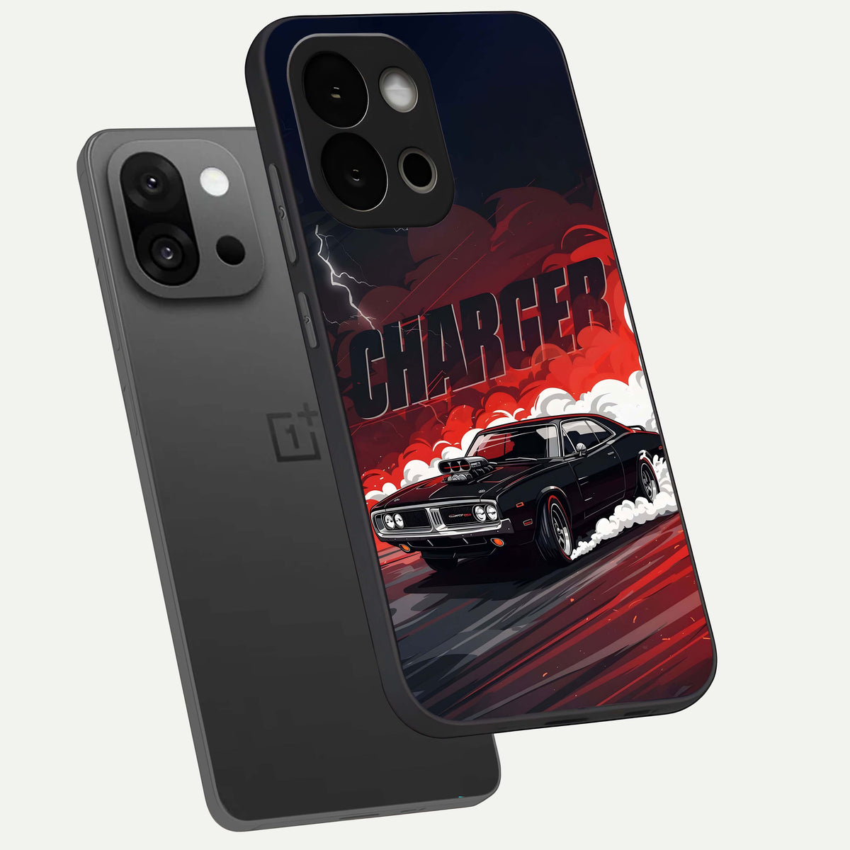  Dark Charger Fury phone case For OnePlus 13S showing premium glass back cover with detailed artwork
