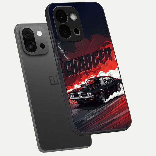  Dark Charger Fury phone case For OnePlus 13S showing premium glass back cover with detailed artwork
