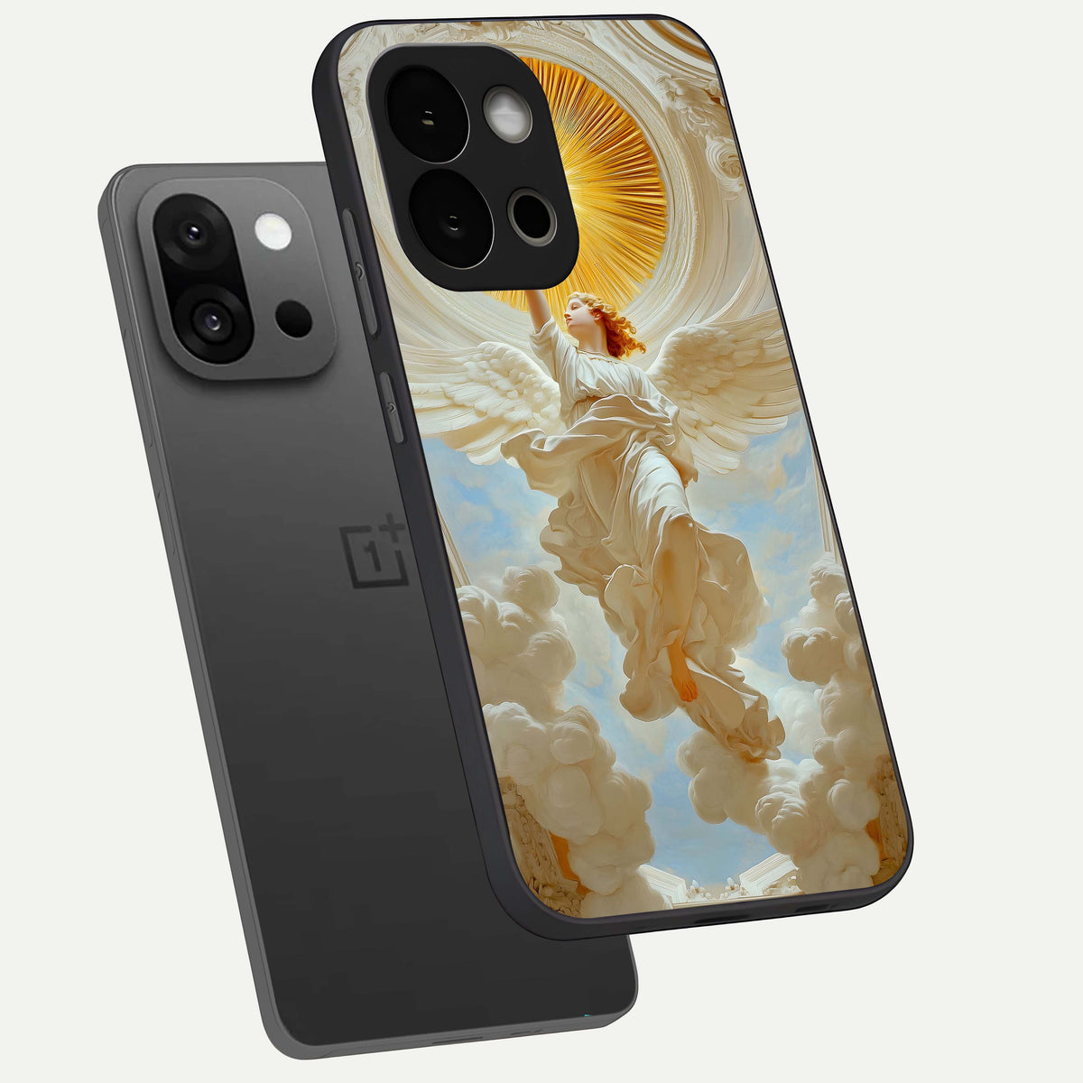  Divine Light Angel phone case For OnePlus 13S showing premium glass back cover with detailed artwork
