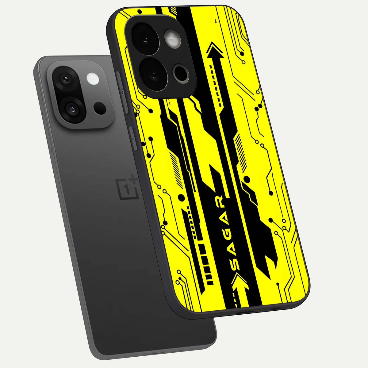  Electric Pulse CYBERPUNK Custom Name phone case For OnePlus 13S showing premium glass back cover with detailed artwork
