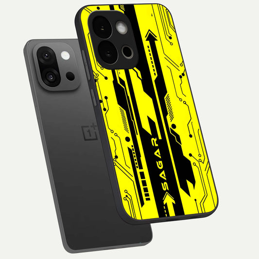  Electric Pulse CYBERPUNK Custom Name phone case For OnePlus 13S showing premium glass back cover with detailed artwork