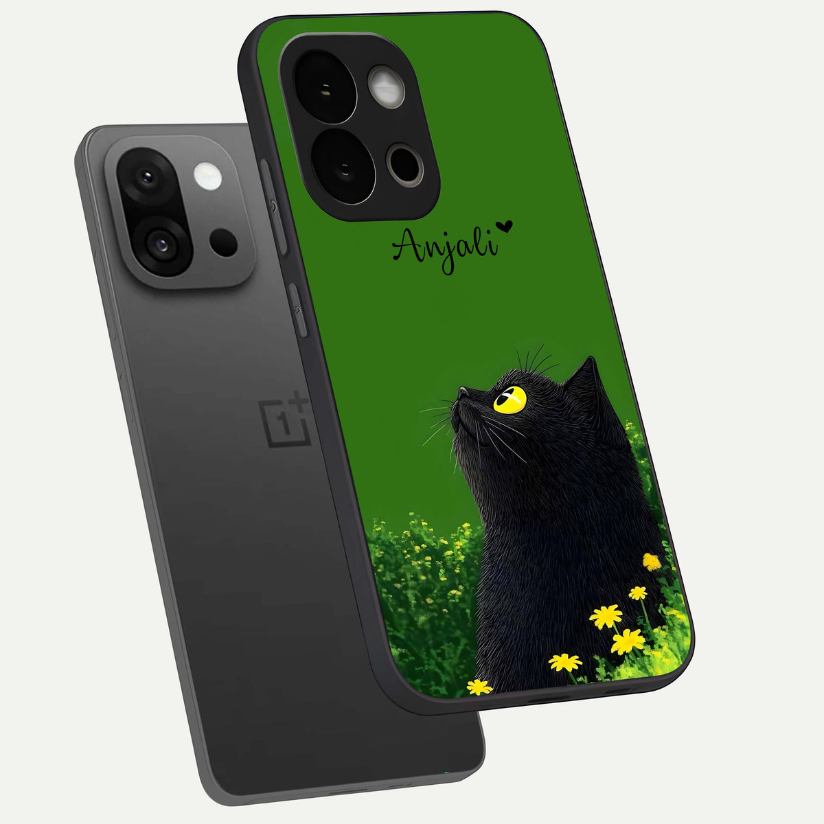  Emerald Cat Custom Name phone case For OnePlus 13S showing premium glass back cover with detailed artwork