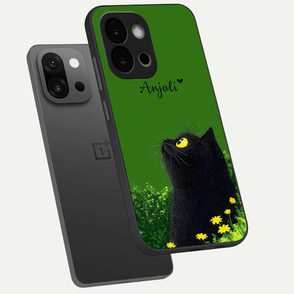  Emerald Cat Custom Name phone case For OnePlus 13S showing premium glass back cover with detailed artwork