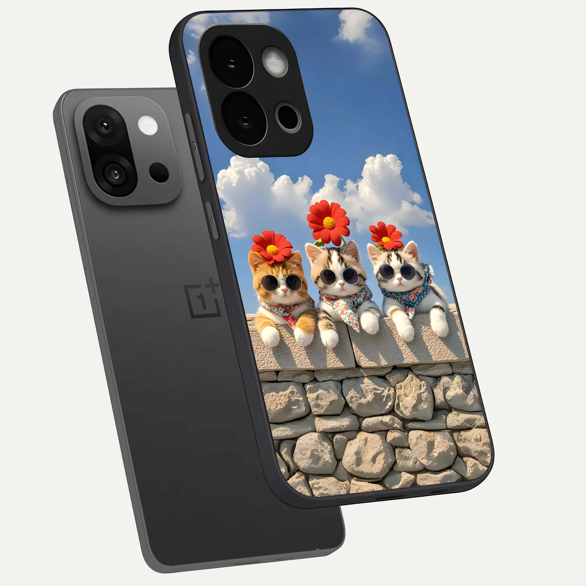  Floral Kitty Squad phone case For OnePlus 13S showing premium glass back cover with detailed artwork
