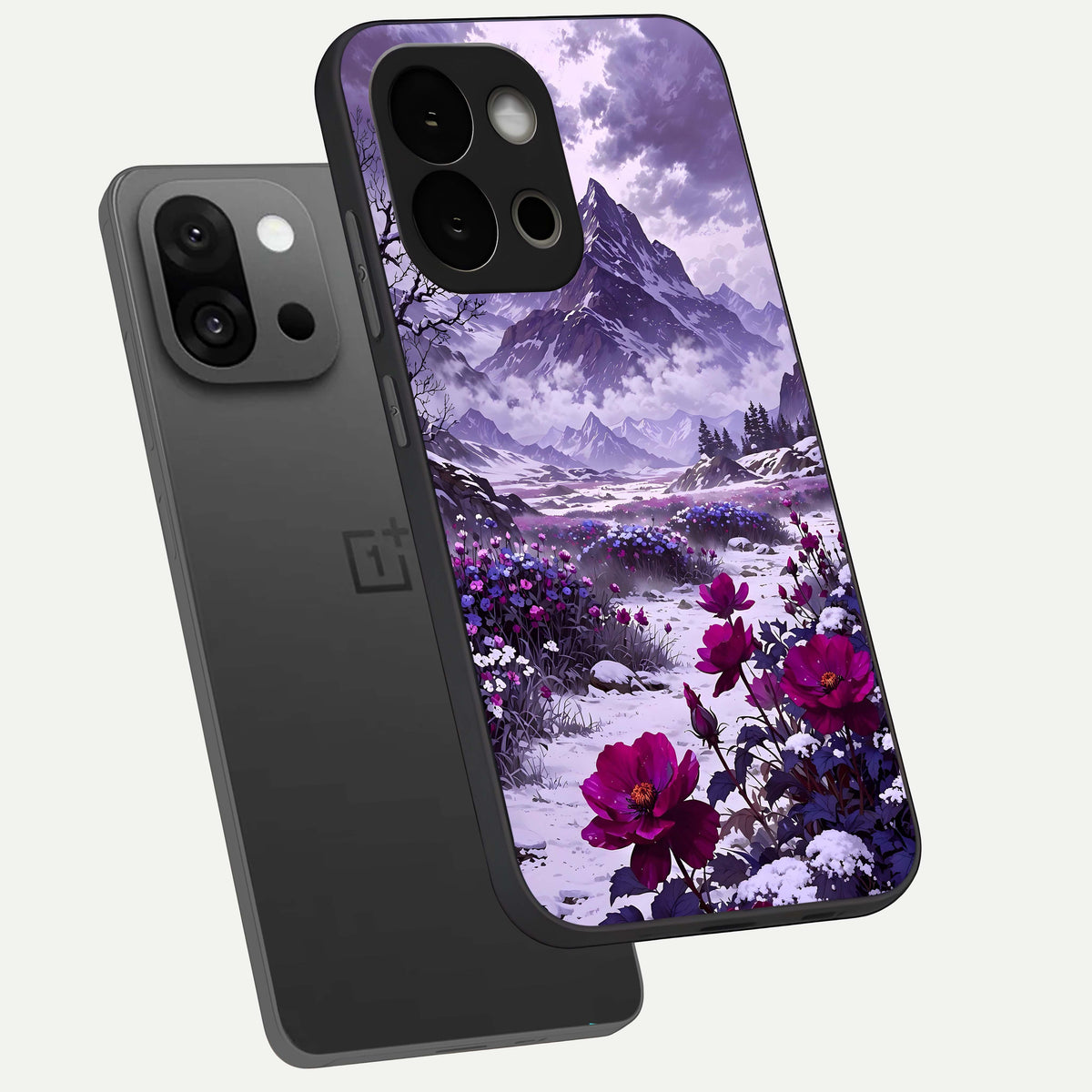  Flower Mountain View phone case For OnePlus 13S showing premium glass back cover with detailed artwork