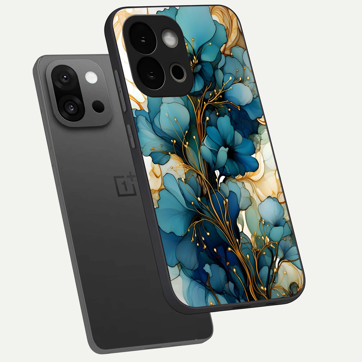  Golden Bloom Symphony phone case For OnePlus 13S showing premium glass back cover with detailed artwork