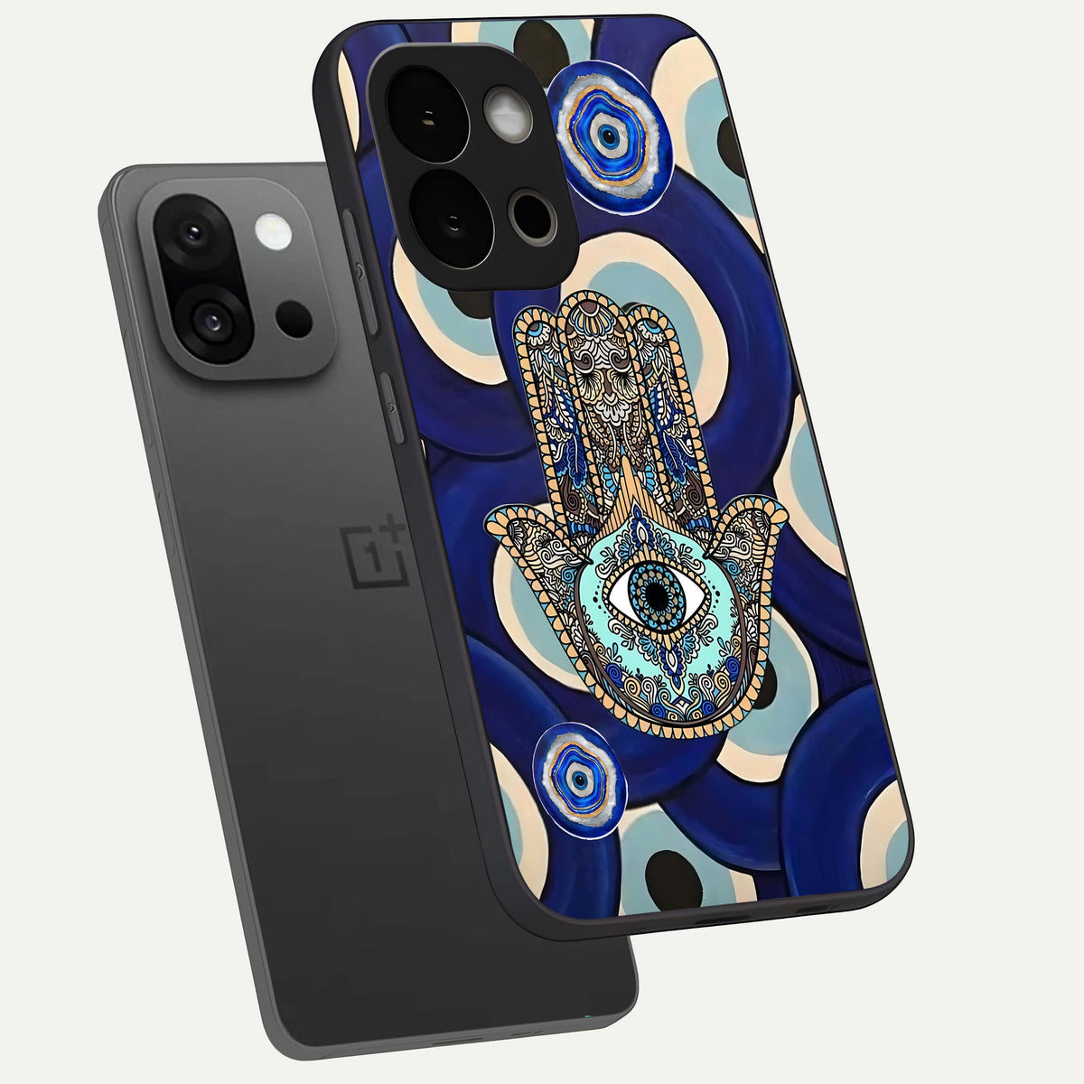  Hamsa Divine Guard phone case For OnePlus 13S showing premium glass back cover with detailed artwork