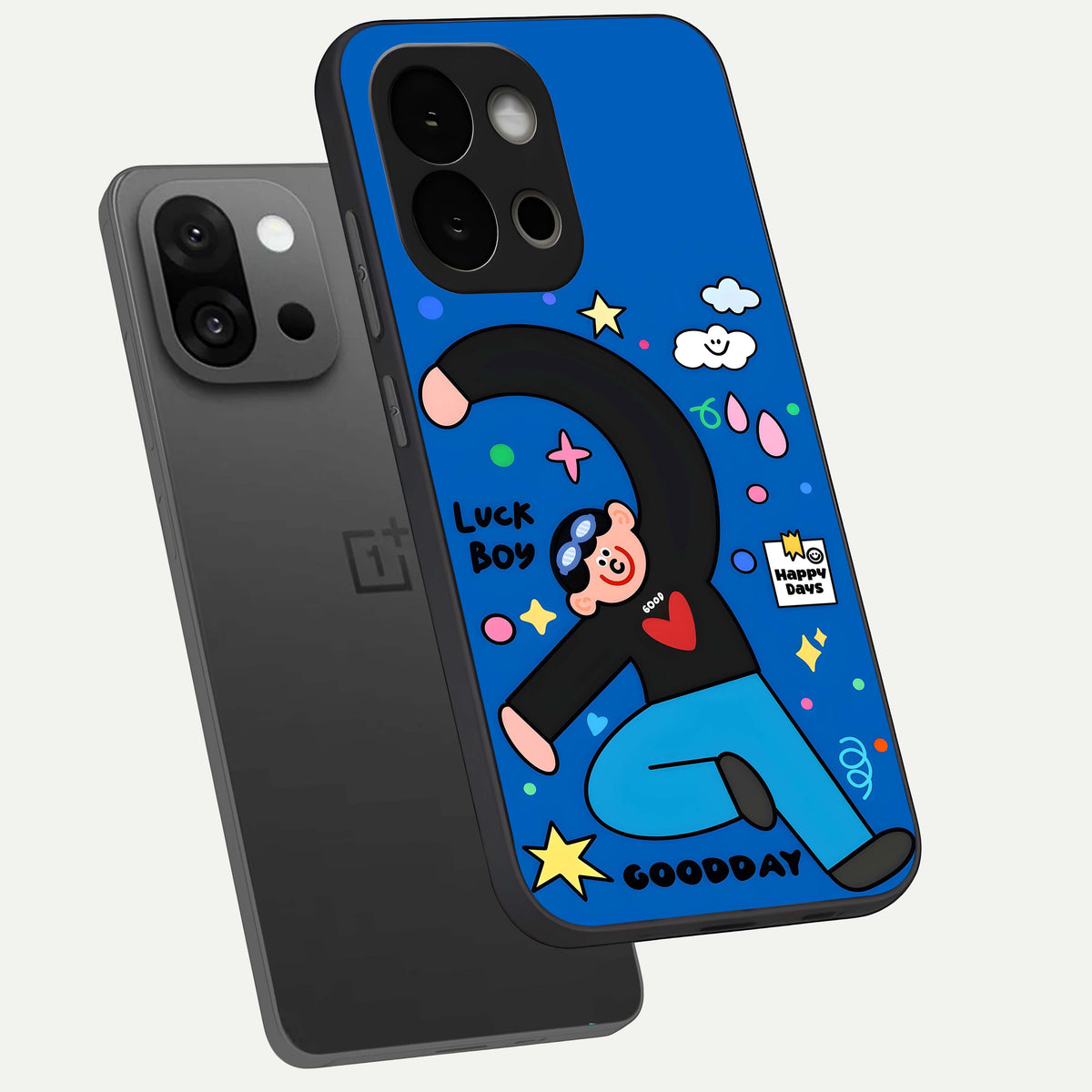  Happy Luck Vibe phone case For OnePlus 13S showing premium glass back cover with detailed artwork