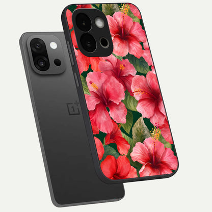  Hibiscus Pattern phone case For OnePlus 13S showing premium glass back cover with detailed artwork