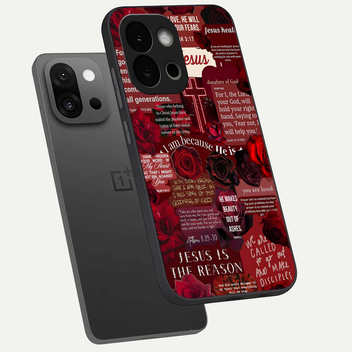  Jesus Love Heals phone case For OnePlus 13S showing premium glass back cover with detailed artwork