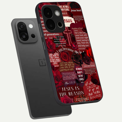  Jesus Love Heals phone case For OnePlus 13S showing premium glass back cover with detailed artwork