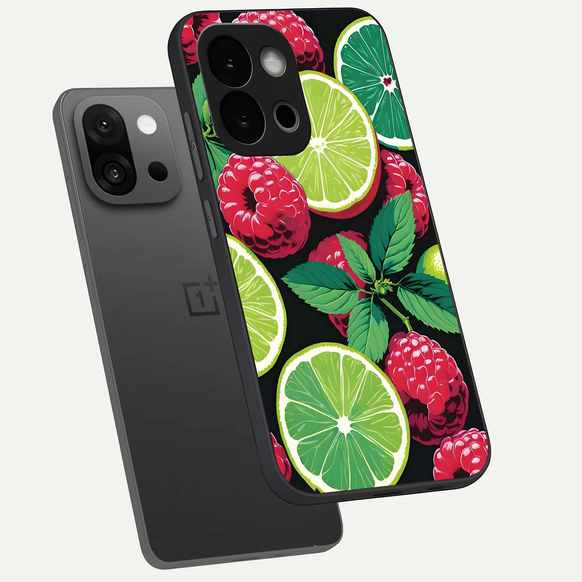  Lime and Raspberry Pattern phone case For OnePlus 13S showing premium glass back cover with detailed artwork