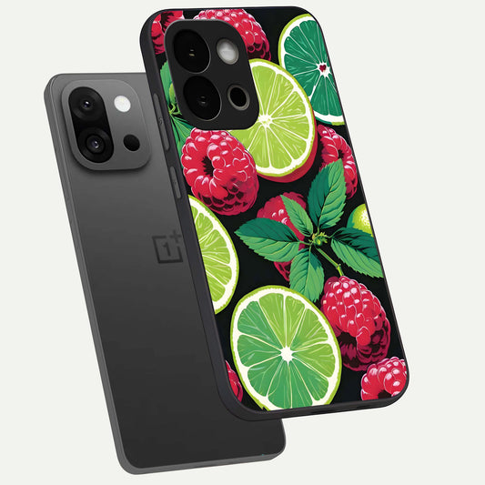  Lime and Raspberry Pattern phone case For OnePlus 13S showing premium glass back cover with detailed artwork