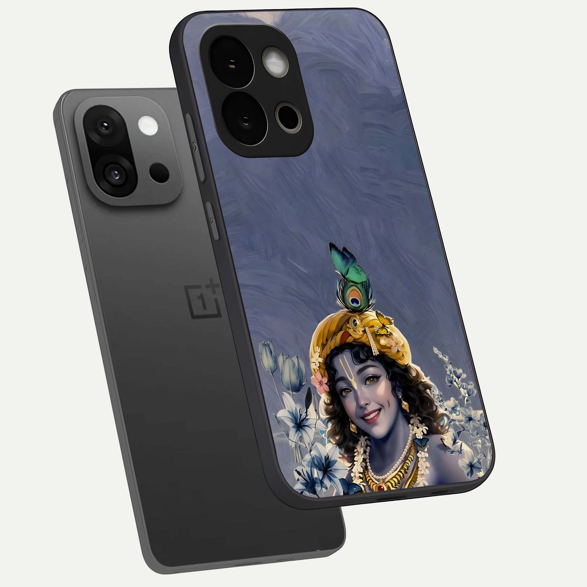  Lord Krishna phone case For OnePlus 13S showing premium glass back cover with detailed artwork