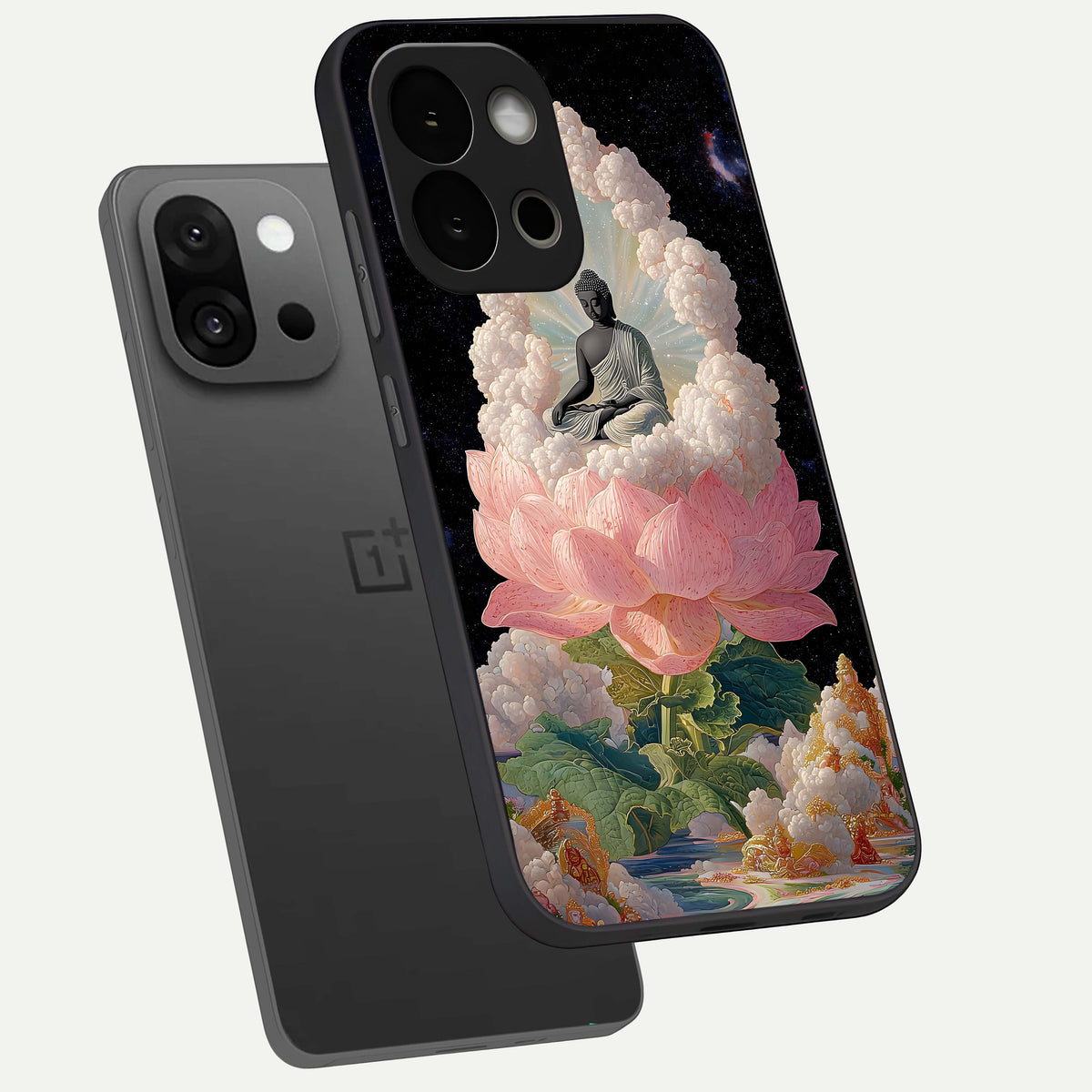  Lotus Divine Peace phone case For OnePlus 13S showing premium glass back cover with detailed artwork