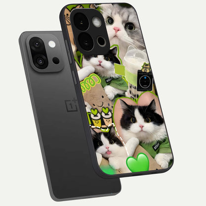  Matcha Cats Mood phone case For OnePlus 13S showing premium glass back cover with detailed artwork