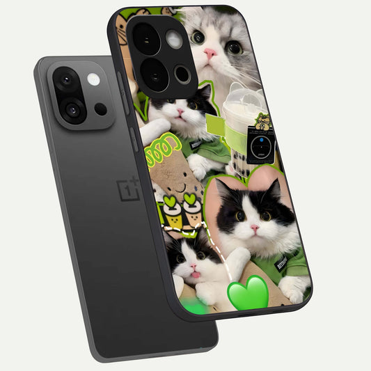  Matcha Cats Mood phone case For OnePlus 13S showing premium glass back cover with detailed artwork
