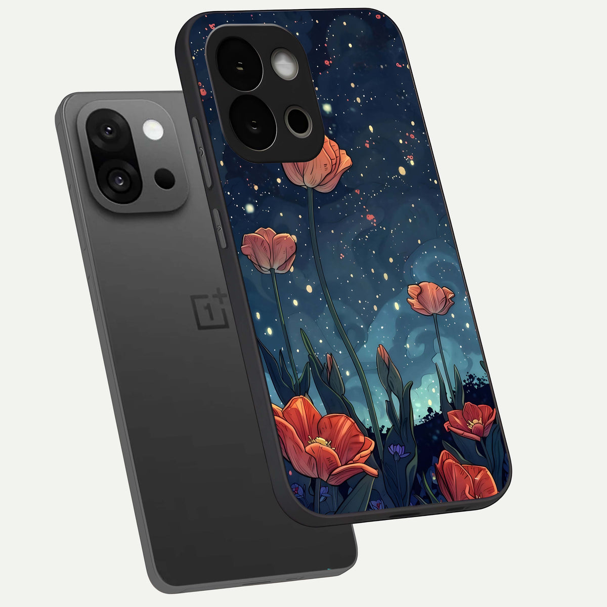  Midnight Tulip Glow phone case For OnePlus 13S showing premium glass back cover with detailed artwork