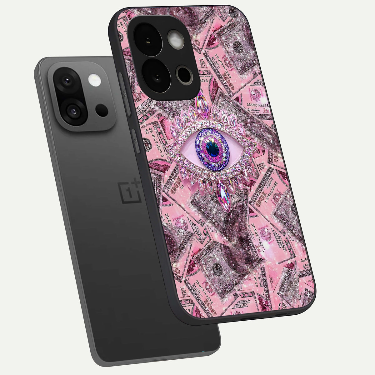 Money Eye Luxe phone case For OnePlus 13S showing premium glass back cover with detailed artwork