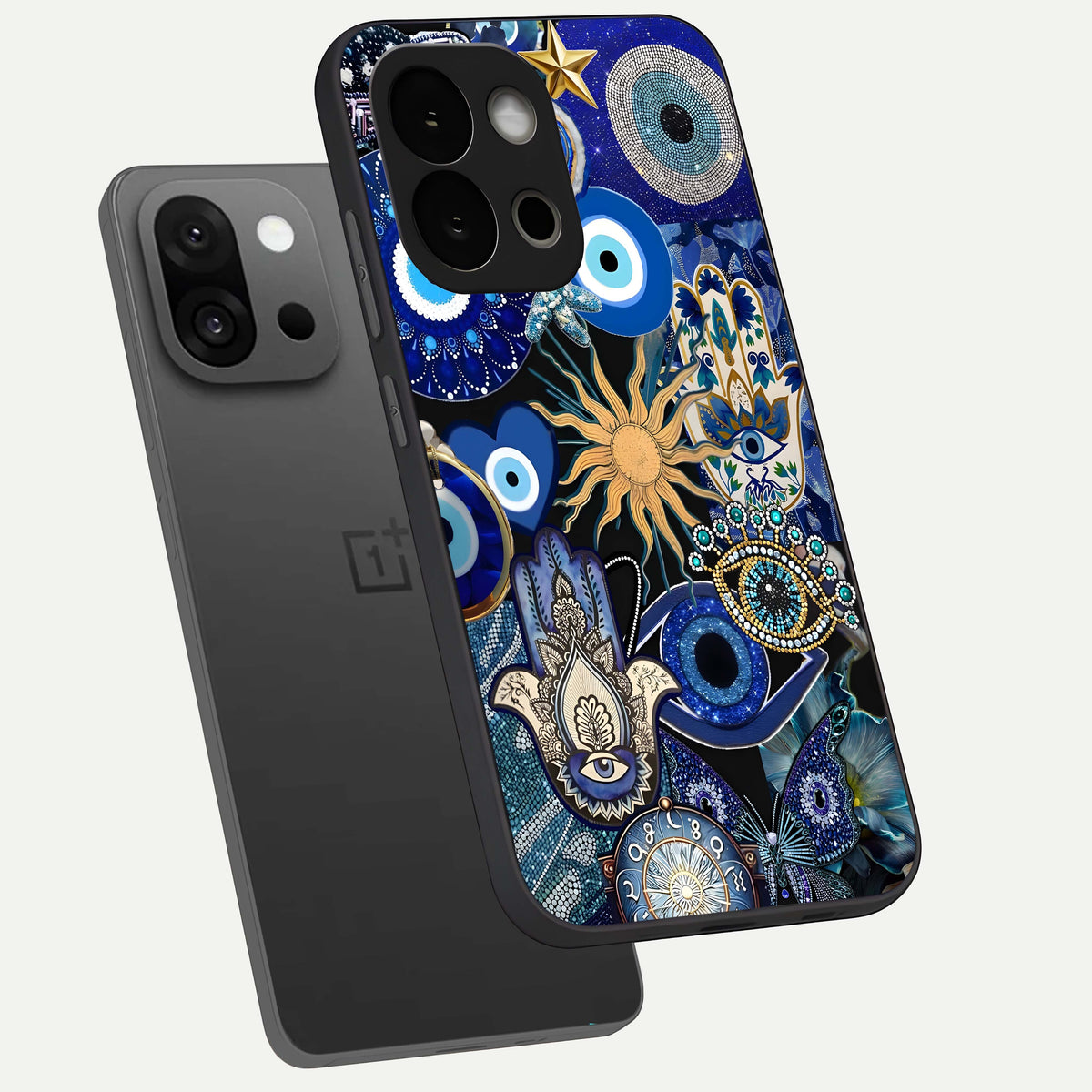  Mystic Blue Evil Eye phone case For OnePlus 13S showing premium glass back cover with detailed artwork