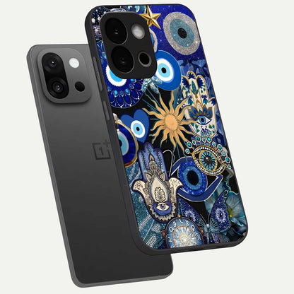  Mystic Blue Evil Eye phone case For OnePlus 13S showing premium glass back cover with detailed artwork