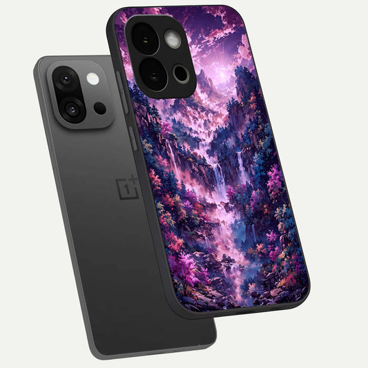  Mystic Cascade Peaks phone case For OnePlus 13S showing premium glass back cover with detailed artwork