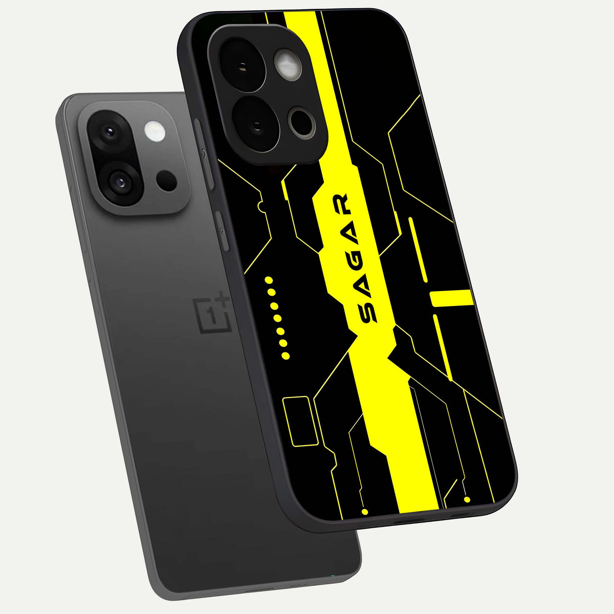  Neon CYBERPUNK Custom Name phone case For OnePlus 13S showing premium glass back cover with detailed artwork