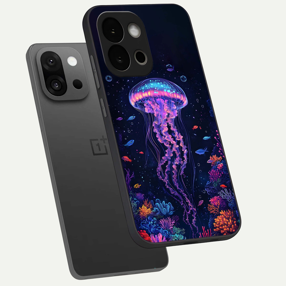  Neon Jellyfish phone case For OnePlus 13S showing premium glass back cover with detailed artwork