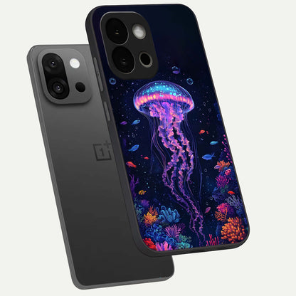  Neon Jellyfish phone case For OnePlus 13S showing premium glass back cover with detailed artwork