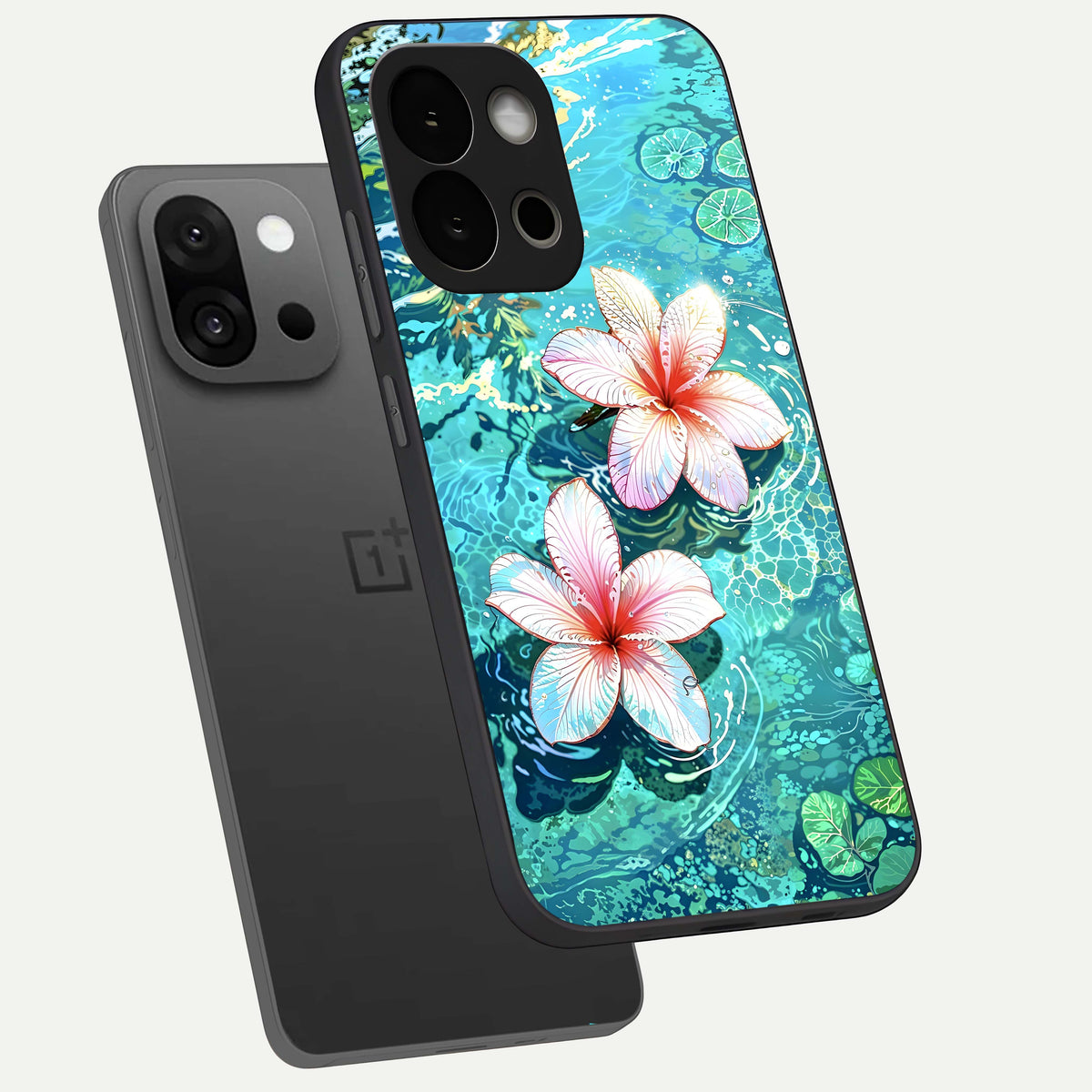  Pink Flowers in Water phone case For OnePlus 13S showing premium glass back cover with detailed artwork