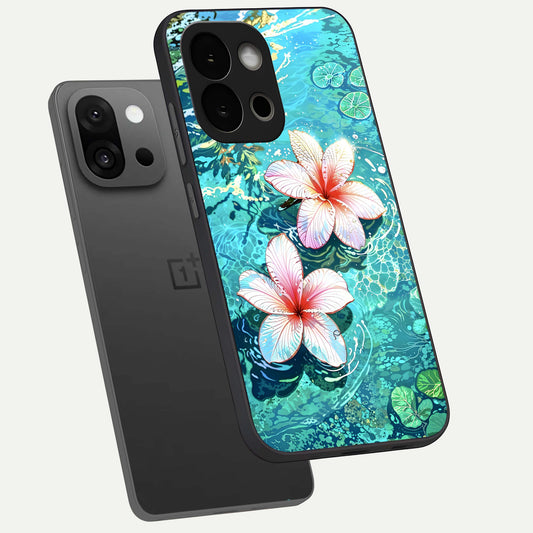  Pink Flowers in Water phone case For OnePlus 13S showing premium glass back cover with detailed artwork