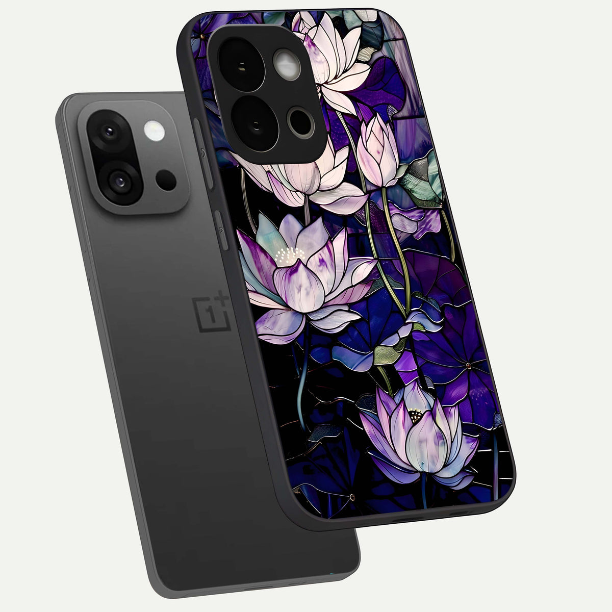  Purple Lotus Pattern phone case For OnePlus 13S showing premium glass back cover with detailed artwork