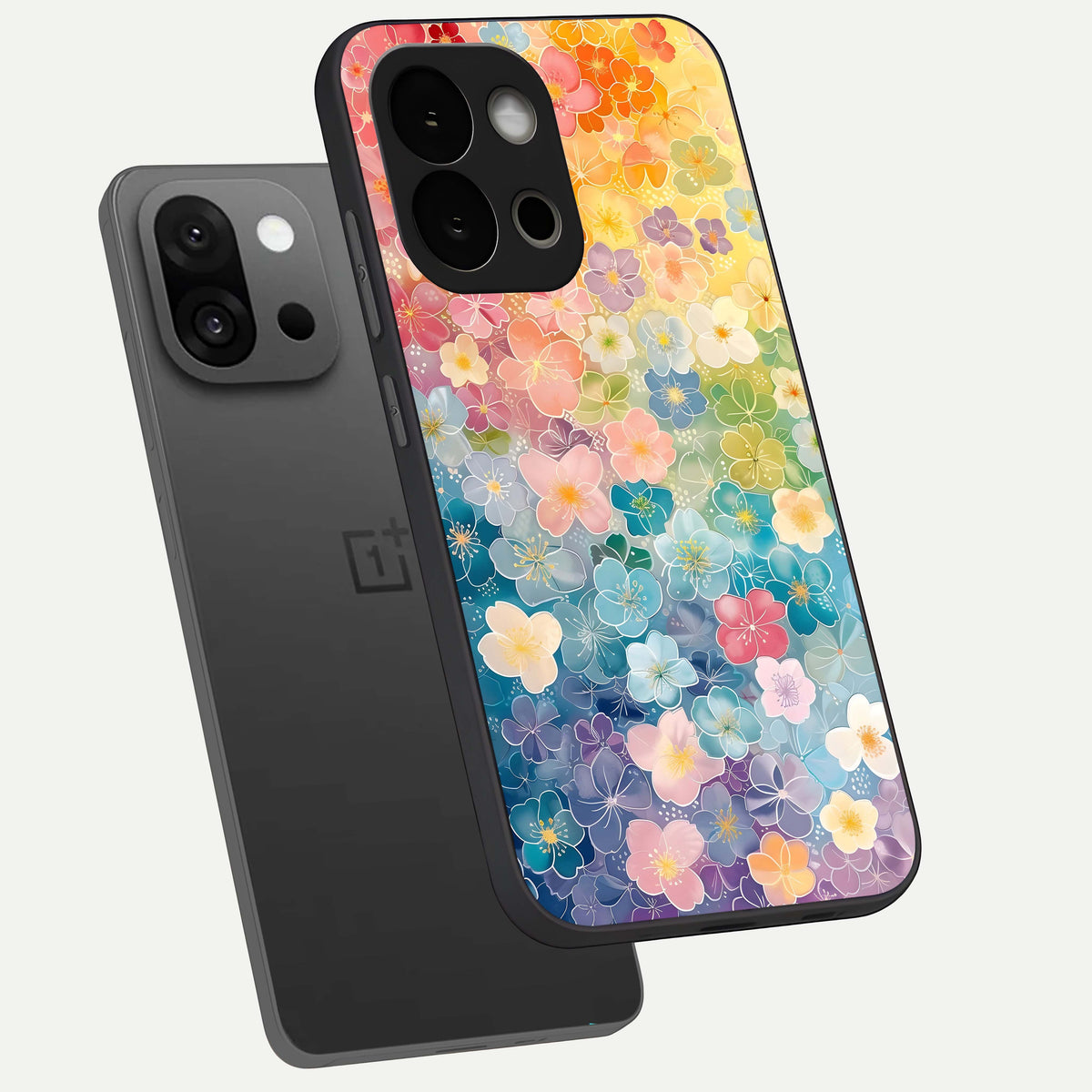 Rainbow Blossom Burst phone case For OnePlus 13S showing premium glass back cover with detailed artwork