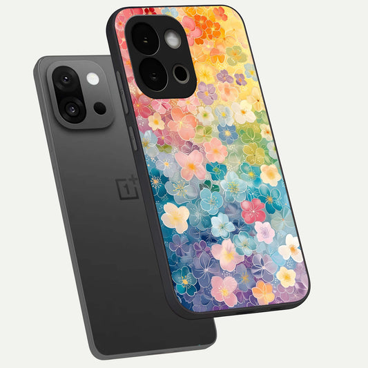  Rainbow Blossom Burst phone case For OnePlus 13S showing premium glass back cover with detailed artwork