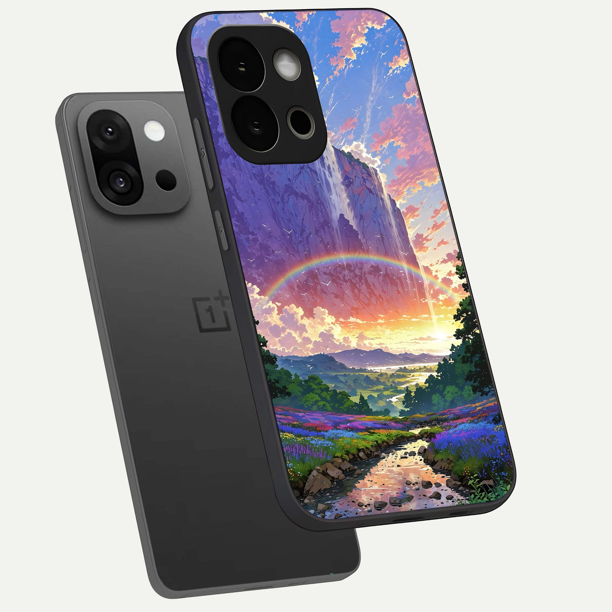  Rainbow Valley Dream phone case For OnePlus 13S showing premium glass back cover with detailed artwork