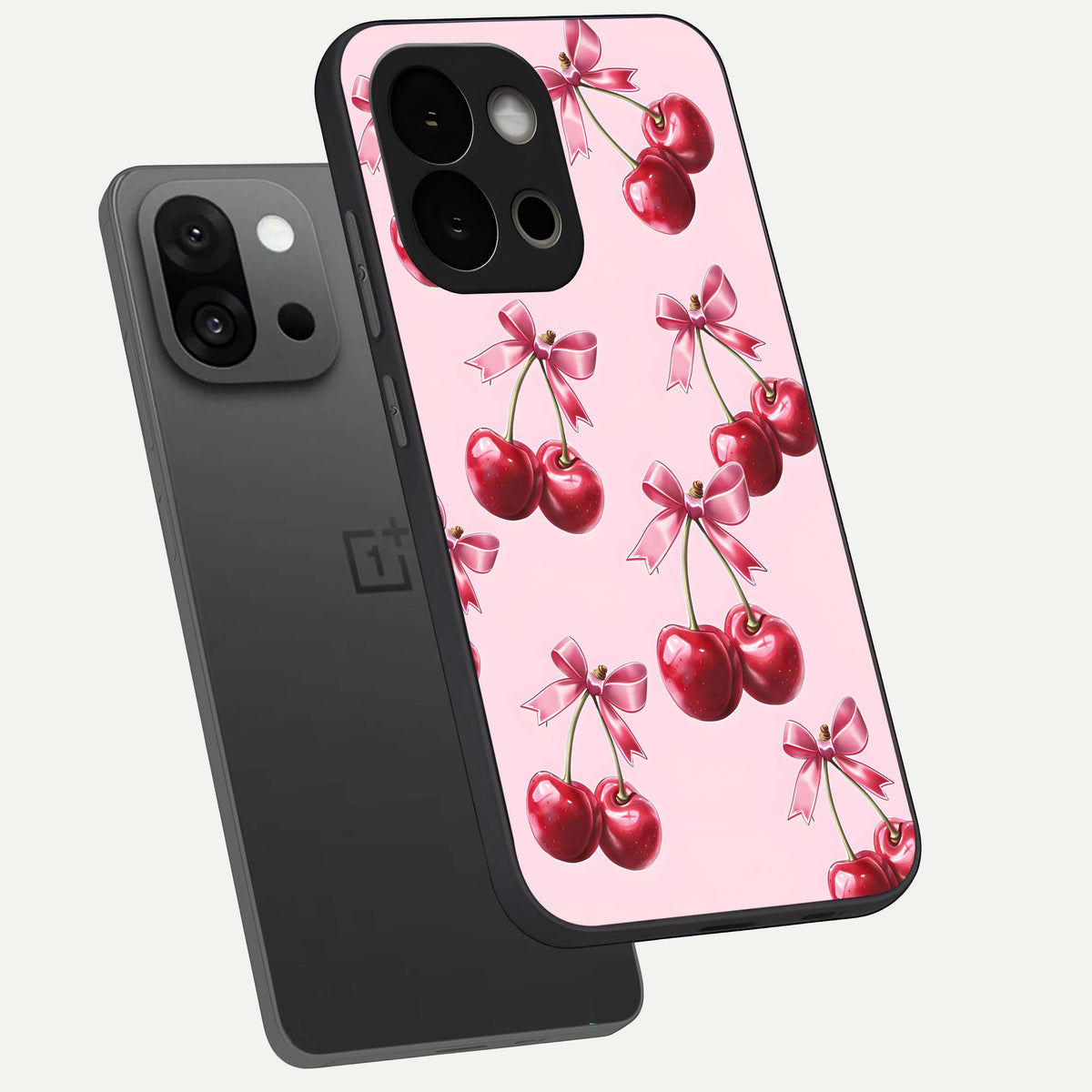  Red Cherries Pattern phone case For OnePlus 13S showing premium glass back cover with detailed artwork