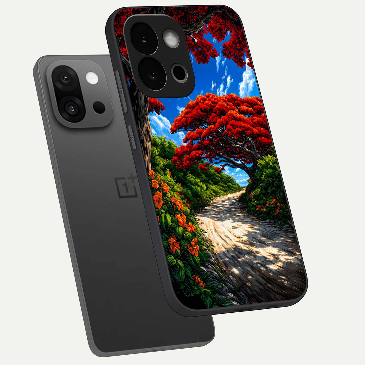  Red Trees Pathway phone case For OnePlus 13S showing premium glass back cover with detailed artwork