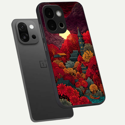  Scarlet Autumn Temple phone case For OnePlus 13S showing premium glass back cover with detailed artwork